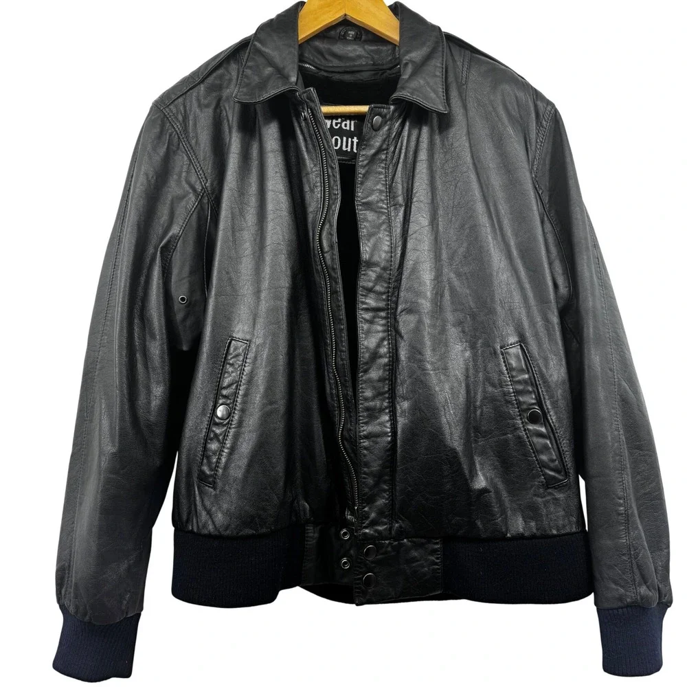 Vintage 100% Genuine Black Leather‎ Bomber Jacket Faux Fur Lined Men Sz 42 Large